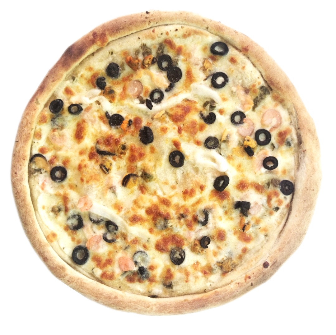 кальмар, мідії, креветки, лосось, сир моцарелла, маслини, соус бешамель