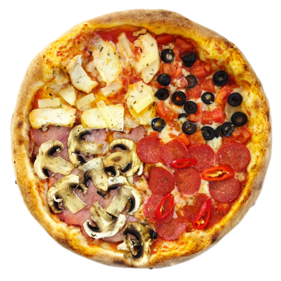 Куряче філе запечене, ананас, салямі,  балик, печериці, маслини, помідор, сир Моцарела, фірмовий томатний соус, орегано
