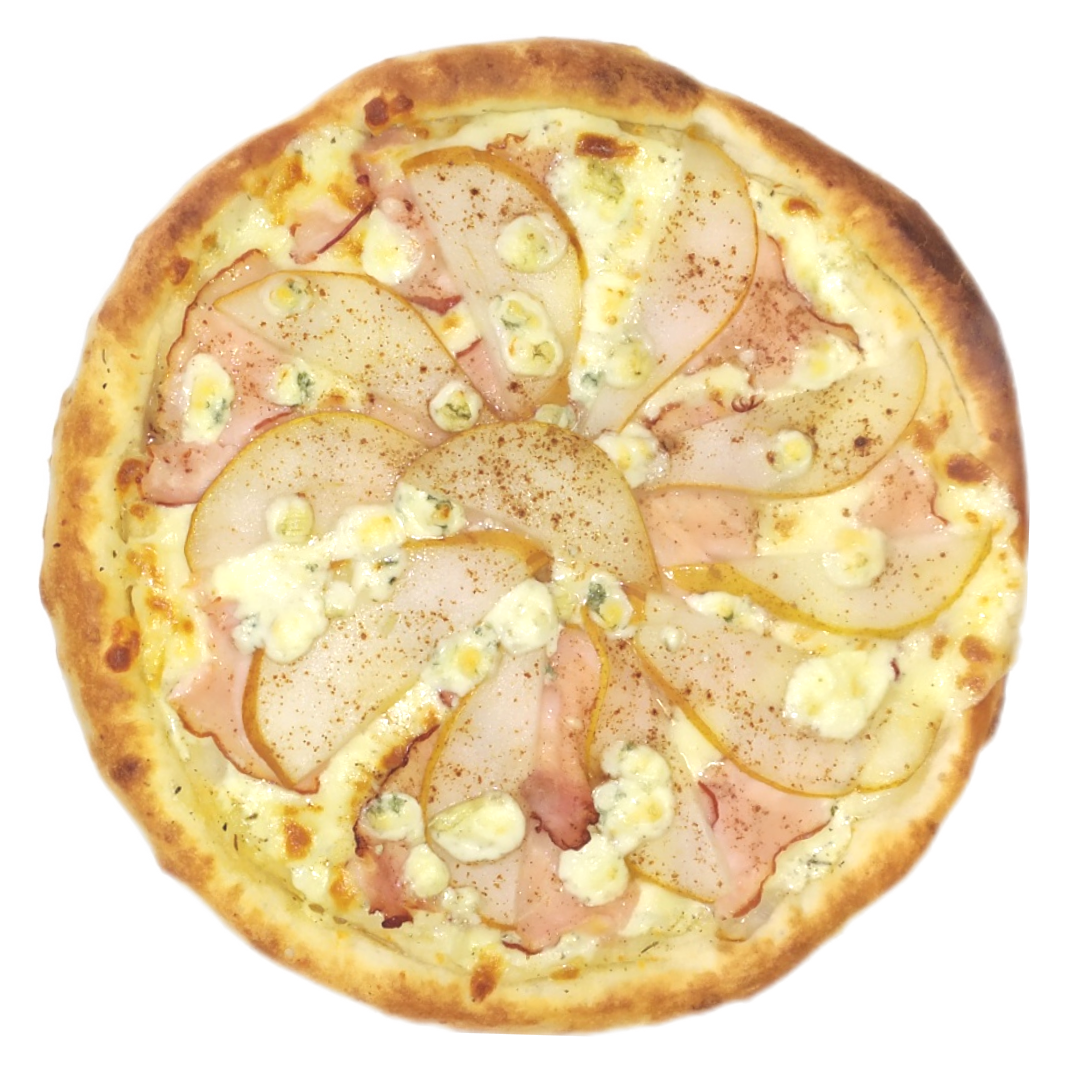 Балик, груша, сир Дор блю, кориця, сир моцарела, соус бешамель